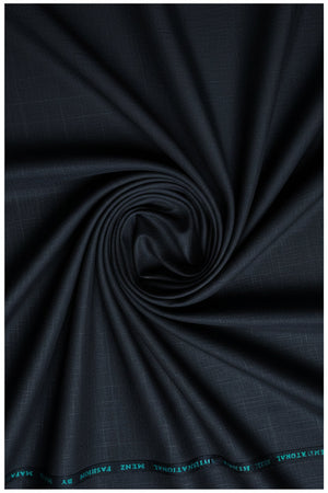 Black Mafatlal poly viscose trouser and suiting fabric swatch with a smooth texture, ideal for tailored garments.
