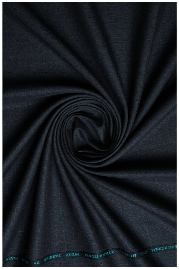 Black Mafatlal poly viscose trouser and suiting fabric swatch with a smooth texture, ideal for tailored garments.
