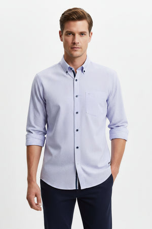 Mafatlal cotton unstitched pinstripes shirting fabric in Pervenche blue with vertical white pinstripes, ideal for tailored shirts.