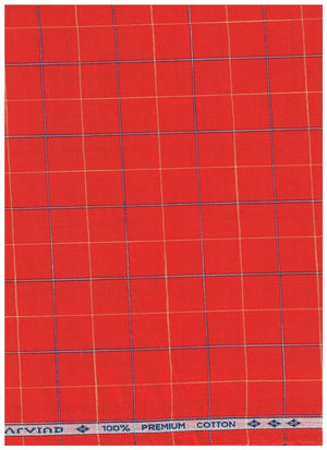 Red cotton fabric with a blue and yellow grid pattern, featuring a branded selvage edge at the top that reads 'AVIAND 100% PREMIUM COTTON'.