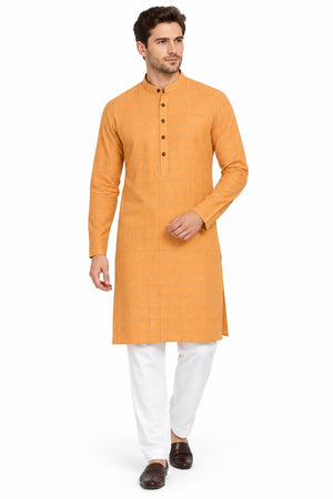 Orange Arvind Tresca Giza cotton shirt fabric with check pattern, showcasing lightweight, breathable textile suitable for shirts.