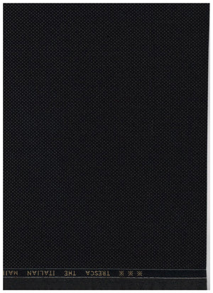 A close-up of a black textured fabric or material swatch with a narrow gold printed header reading 'TRESCA THE ITALIAN MAT'.