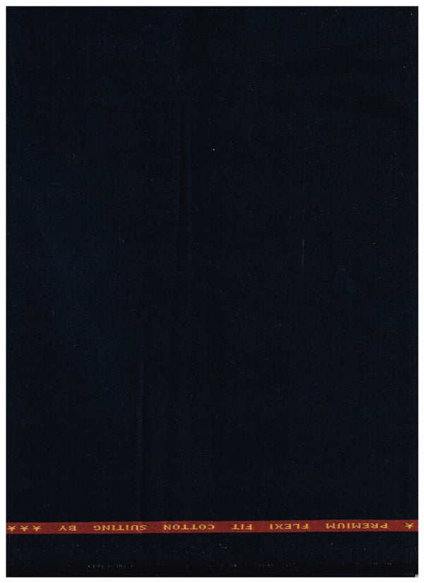 Navy blue Arvind cotton lycra stretchable suiting fabric shown in close-up, highlighting smooth texture and fabric weave.