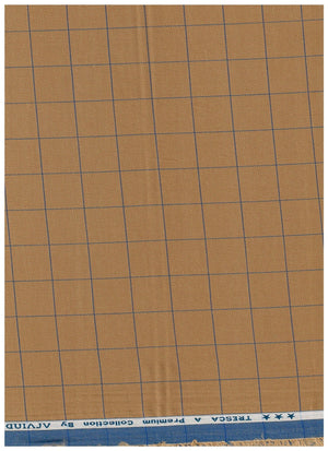 Unstitched Tresca cotton checks shirting fabric in caramel color by Arvind, showcasing the fabric's pattern and texture.