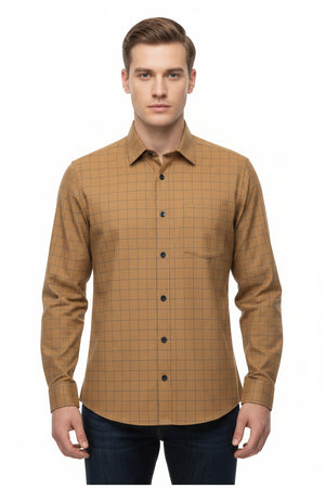 Caramel Tresca cotton checks shirting fabric by Arvind, showcasing soft unstitched cotton material with classic check pattern.