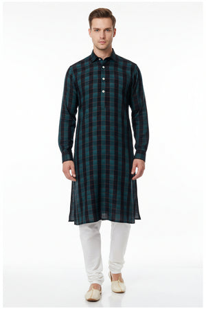 Black check cotton shirting fabric from Arvind Millennial's Fashion with a classic checked pattern.
