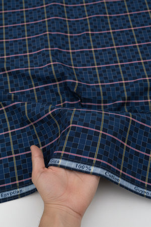 Plaid fabric with blue and black pattern on a white background