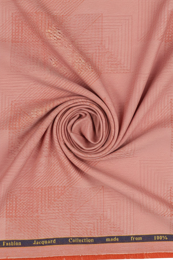 Arvind Jacquard cotton shirting fabric in vibrant carrot orange with intricate woven pattern, ideal for stylish shirts and apparel.