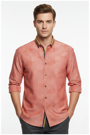 Arvind Jacquard Cotton Shirting Fabric in vibrant carrot orange with intricate jacquard pattern, ideal for stylish shirts.