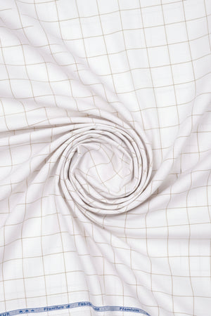 White Arvind Checks unstitched PC shirting fabric, lightweight material ideal for custom shirts, detailed fabric pattern visible.