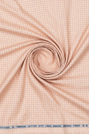 Peach Arvind Cotton Checks Shirting Fabric with a classic checked pattern, suitable for shirts and dressmaking.