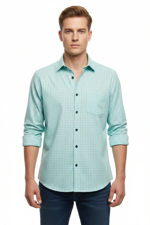 Arvind Tresca cotton checks shirting fabric in Tron Blue, unstitched premium cotton fabric with a classic check pattern.