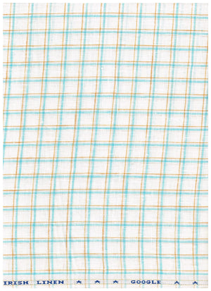 Blue and beige check Arvind Irish linen shirting fabric, showing a close-up of the textured fabric with a check pattern.