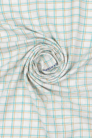 Blue and beige Arvind linen checks shirting fabric with a classic check pattern, suitable for unstitched shirt sewing.