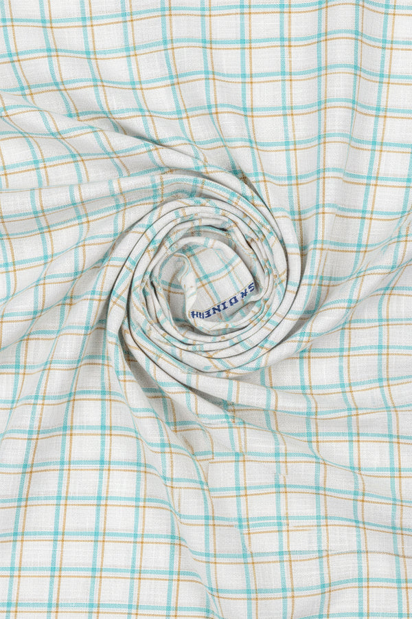 Blue and beige checked Arvind Irish linen shirting fabric with a textured linen weave.