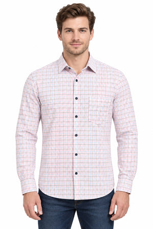Light pink Giza cotton shirting fabric with check pattern from Arvind Tresca collection, ideal for stylish dress shirts.