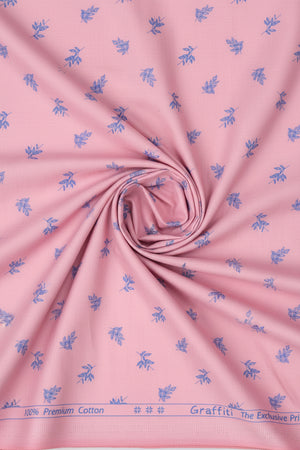 Pink Arvind Cotton printed shirting fabric with intricate pattern, ideal for stylish cotton clothing and dressmaking.