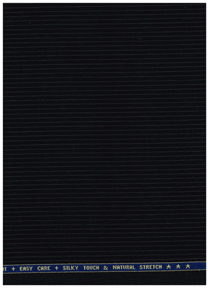 Raymond luxurious unstitched poly wool trousers and suiting fabric with white pinstripe on black background.