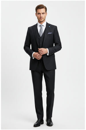 Raymond luxurious unstitched poly wool trousers and suiting fabric with white pinstripes on black background.