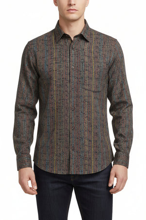 Brown Pee Gee digital print cotton shirting fabric showing intricate print design and soft textile texture.