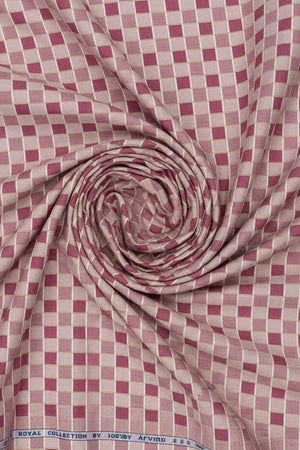 Checkered fabric with pink and white pattern, branded 'Royal Collection by Arvind'.