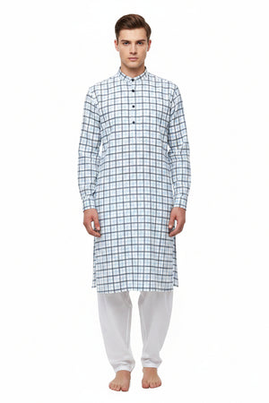 Light blue Arvind Checks Giza Cotton Shirting Fabric showing a detailed pattern and soft cotton texture.