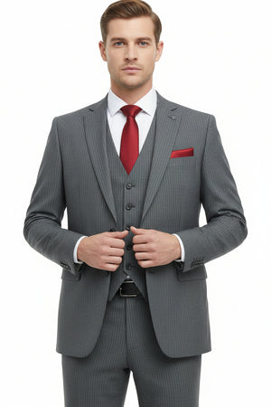 Grey Raymond unstitched poly wool trouser and suiting fabric, showing textured fabric with subtle weave details.