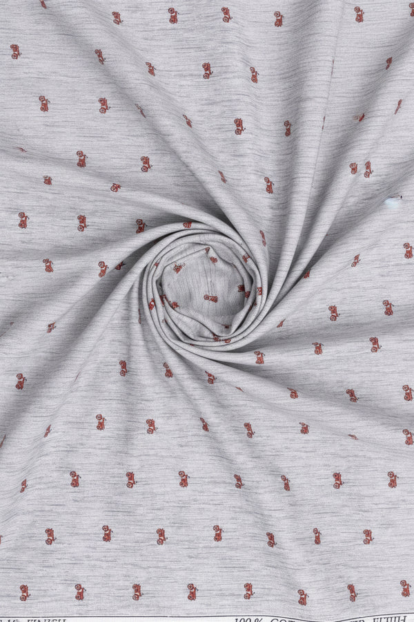 Pee Gee cotton shirt fabric in grey with Italian digital print, showing smooth textile and detailed pattern.