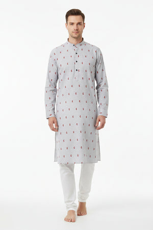 Grey unstitched Italian digital print cotton shirting fabric by Pee Gee, showcasing detailed floral design and lightweight texture.