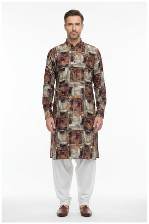 Brown Pee Gee digital print cotton shirting fabric with intricate patterns and soft texture, ideal for stylish shirts.