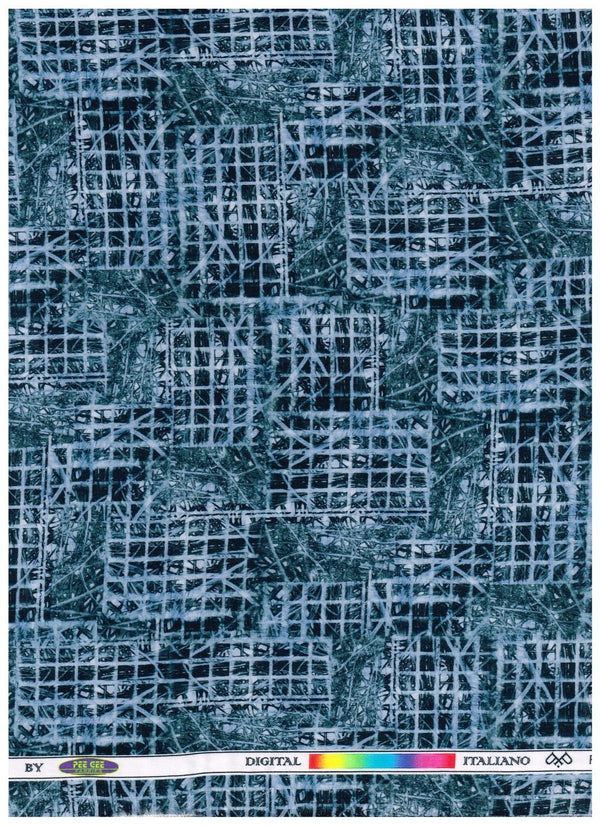 Pee Gee cotton digital print shirt fabric in blue and green, 1.50 and 2.20 meters, shown in a close-up image.