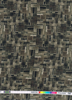 Olive green Pee Gee cotton shirt fabric with digital print, showing detailed pattern and fabric texture.