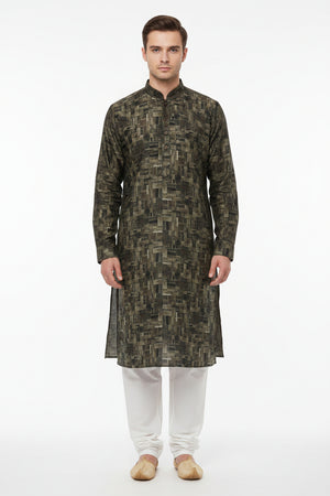 Olive green Pee Gee cotton shirt fabric with digital print pattern, close-up view of the fabric texture and design.