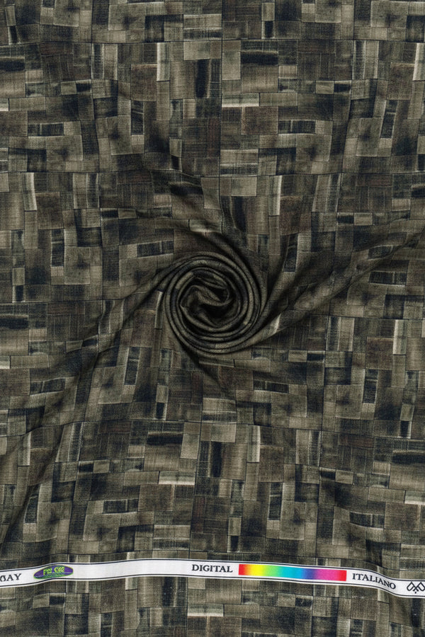 Olive green Pee Gee cotton shirt fabric with digital print, showcasing intricate design and soft cotton texture.