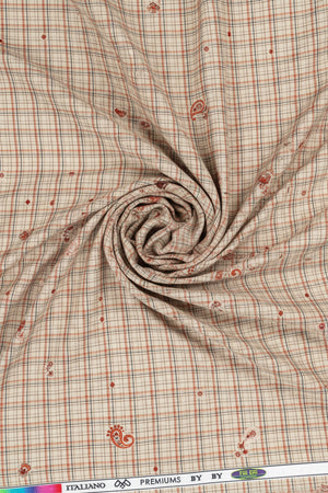 Brown Pee Gee Cotton Checks shirting fabric by ARVIND showing close-up of checked cotton material.
