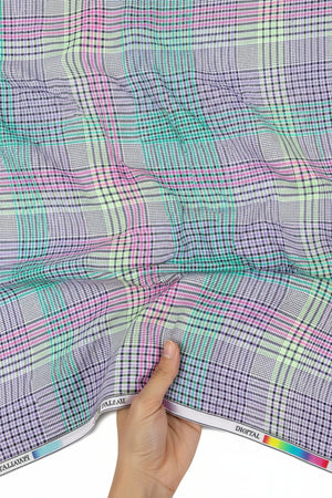 ARVIND Pee Gee Cotton Checks Shirting Fabric in turquoise blue showing a close-up of checkered pattern and fabric texture.