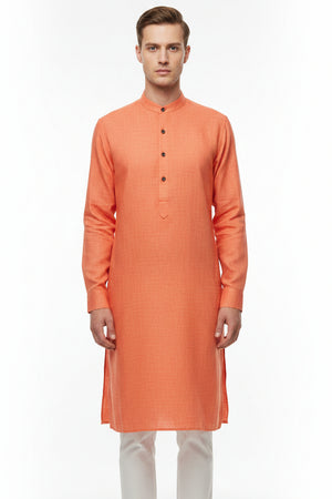 Orange Arvind pure linen shirt fabric swatch showing lightweight, textured linen material ideal for shirts.