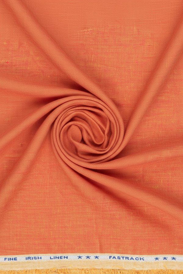 Orange Arvind pure linen shirt fabric with a smooth, lightweight texture and subtle woven pattern.