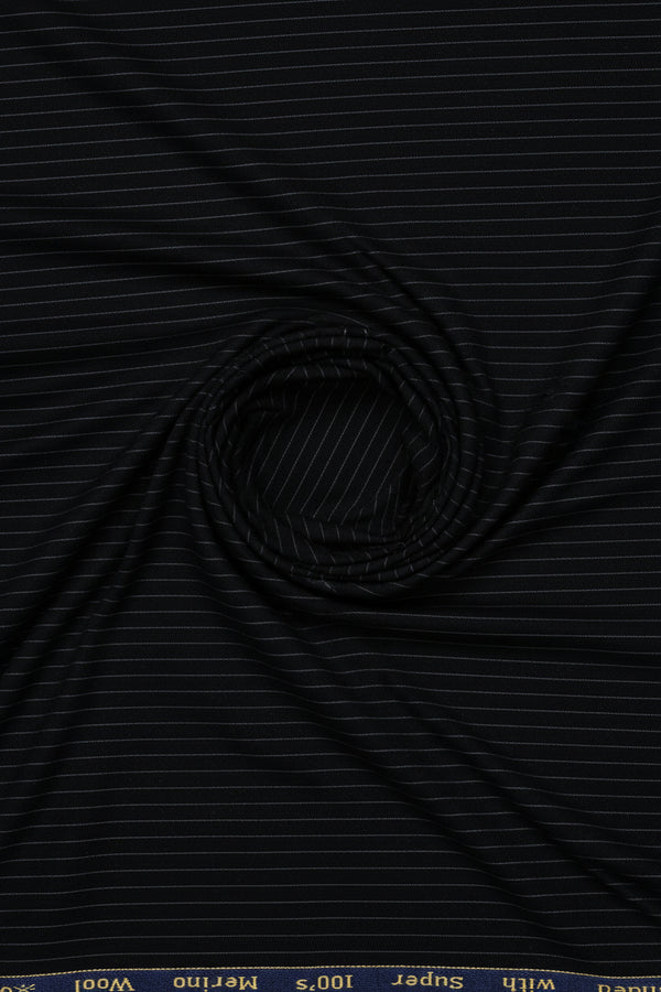 White stripe Arvind Super 100’s merino wool trouser and suiting fabric, black background, detailed fabric pattern and texture.