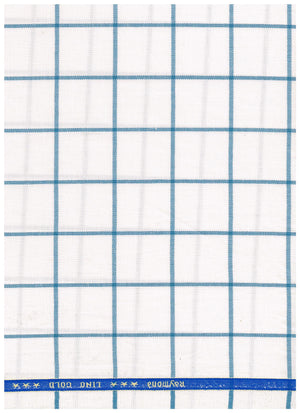Raymond luxury unstitched poly wool blazer fabric with blue check pattern on white, ideal for tailored blazers or suits.
