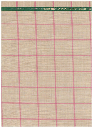 Pink checkered Raymond poly wool blazer fabric on beige background, close-up of textured textile pattern.