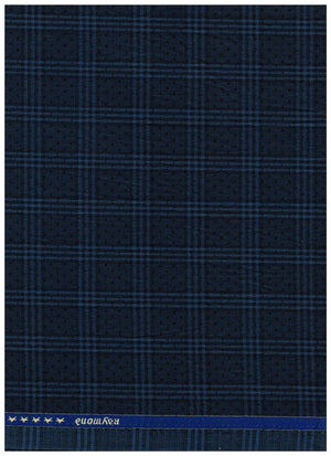 Navy blue Raymond unstitched checks poly wool trousers and suiting fabric, detailed close-up of fabric texture and pattern.