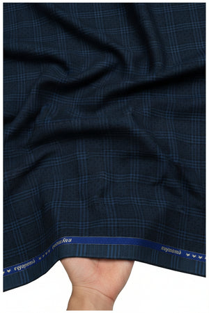 Raymond navy blue unstitched checks poly wool fabric for trousers and suiting, featuring a luxurious textured pattern.