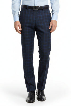 Raymond luxurious navy blue unstitched checks poly wool trousers and suiting fabric, fabric close-up showing detailed pattern and texture.