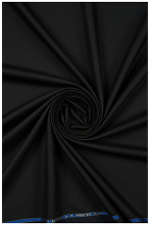 Black Raymond poly wool unstitched trousers and suiting fabric fabric with a smooth, luxurious texture for tailored suits.