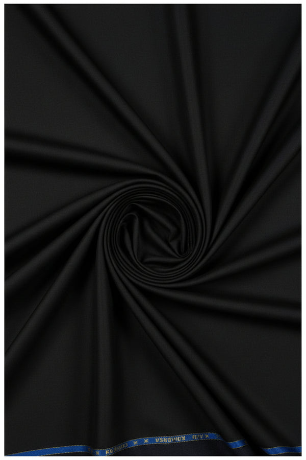 Black Raymond Poly wool suit fabric, luxurious wool blend textile for tailoring and suit making, shown in close-up.