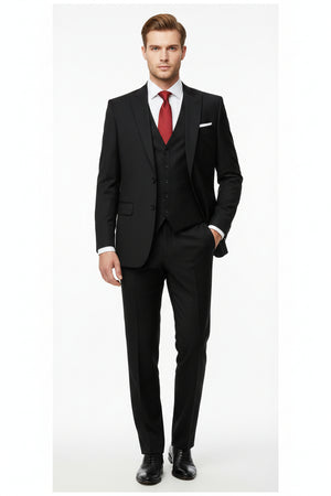 Black Raymond poly wool unstitched trousers and suit fabric, showing the textured textile material and fabric details.