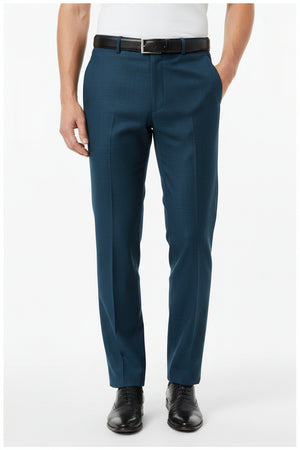Blue Raymond Polyviscose trousers and suiting fabric with a smooth, woven texture, ideal for formal or office wear.