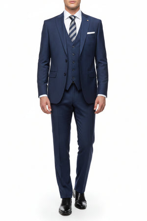 Raymond blue polyviscose trousers and suiting fabric close-up showing smooth texture and fabric weave.