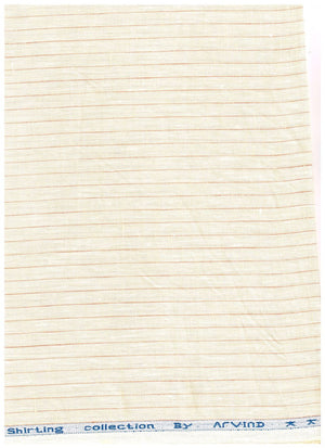 Fawn-colored Arvind Tresca linen shirt fabric with white and blue stripes, ideal for tailored shirts or lightweight garments.